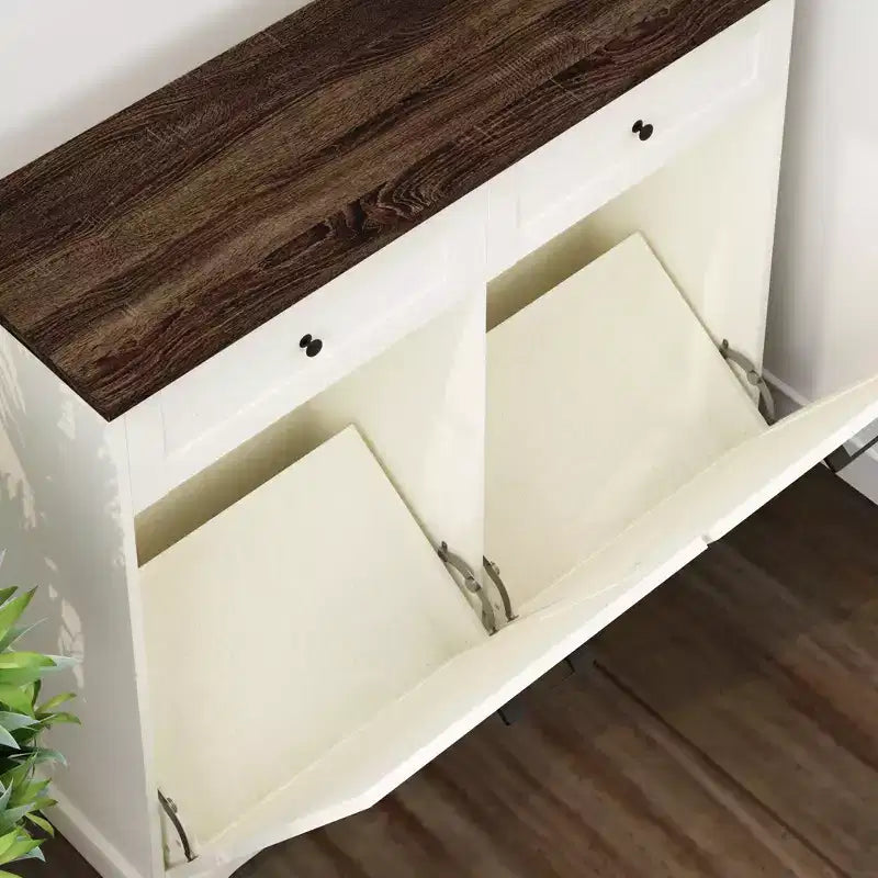 20-Gallon Double Tilt-Out Trash Cabinet, Freestanding Wood Garbage & Recycling Bin Hideaway with Drawer, Antique Brown/White