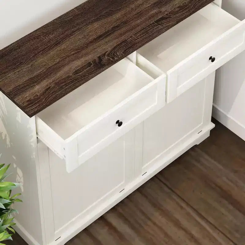 20-Gallon Double Tilt-Out Trash Cabinet, Freestanding Wood Garbage & Recycling Bin Hideaway with Drawer, Antique Brown/White
