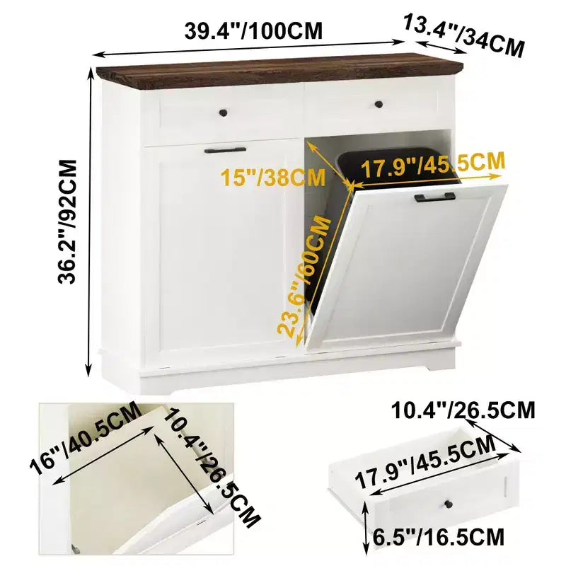 20-Gallon Double Tilt-Out Trash Cabinet, Freestanding Wood Garbage & Recycling Bin Hideaway with Drawer, Antique Brown/White