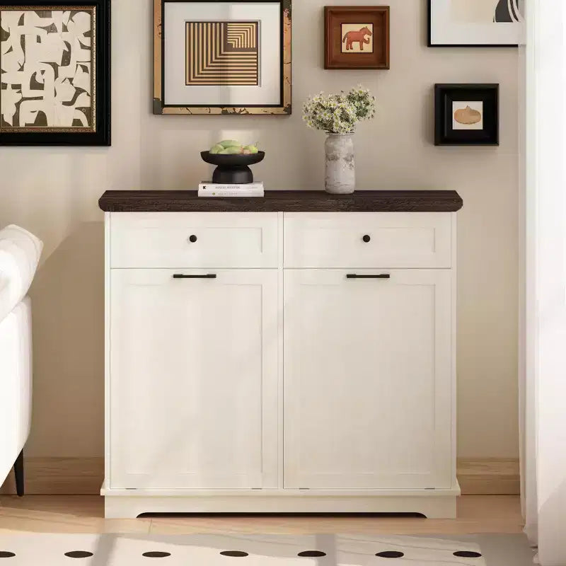 20-Gallon Double Tilt-Out Trash Cabinet, Freestanding Wood Garbage & Recycling Bin Hideaway with Drawer, Antique Brown/White