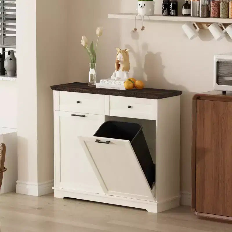 20-Gallon Double Tilt-Out Trash Cabinet, Freestanding Wood Garbage & Recycling Bin Hideaway with Drawer, Antique Brown/White