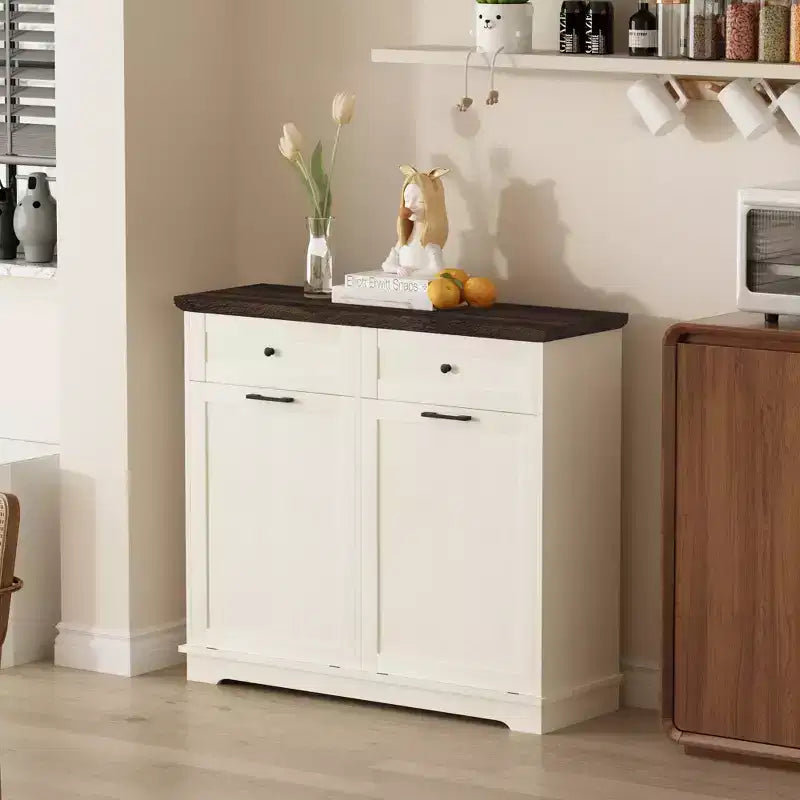 20-Gallon Double Tilt-Out Trash Cabinet, Freestanding Wood Garbage & Recycling Bin Hideaway with Drawer, Antique Brown/White