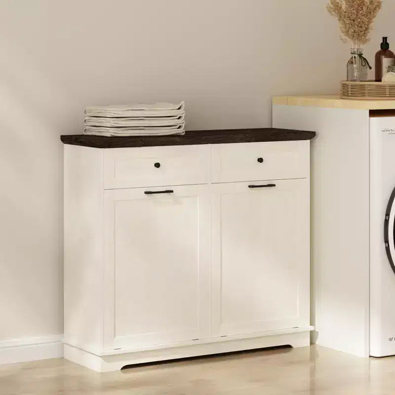 20-Gallon Double Tilt-Out Trash Cabinet, Freestanding Wood Garbage & Recycling Bin Hideaway with Drawer, Antique Brown/White