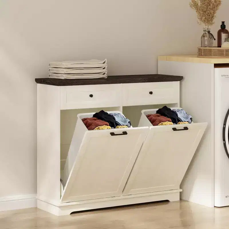 20-Gallon Double Tilt-Out Trash Cabinet, Freestanding Wood Garbage & Recycling Bin Hideaway with Drawer, Antique Brown/White