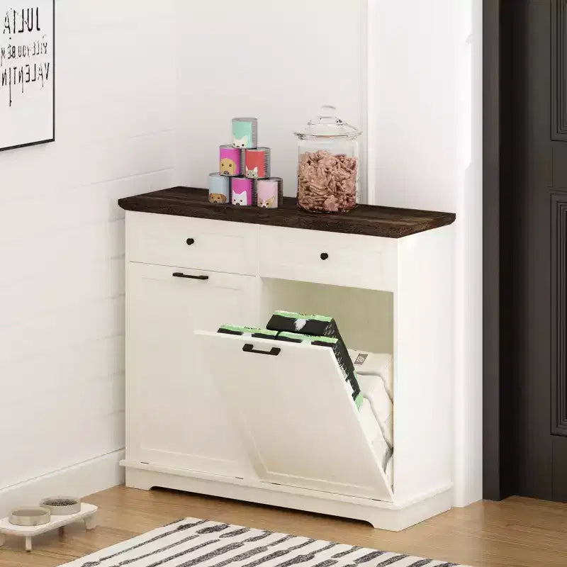 20-Gallon Double Tilt-Out Trash Cabinet, Freestanding Wood Garbage & Recycling Bin Hideaway with Drawer, Antique Brown/White