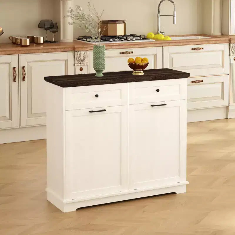 20-Gallon Double Tilt-Out Trash Cabinet, Freestanding Wood Garbage & Recycling Bin Hideaway with Drawer, Antique Brown/White