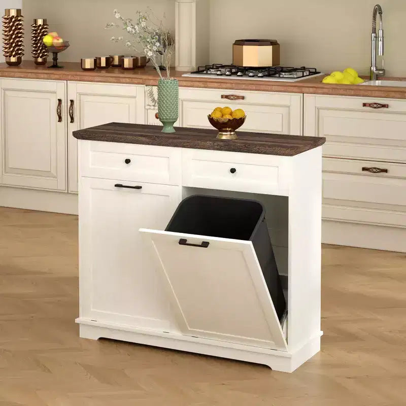 20-Gallon Double Tilt-Out Trash Cabinet, Freestanding Wood Garbage & Recycling Bin Hideaway with Drawer, Antique Brown/White
