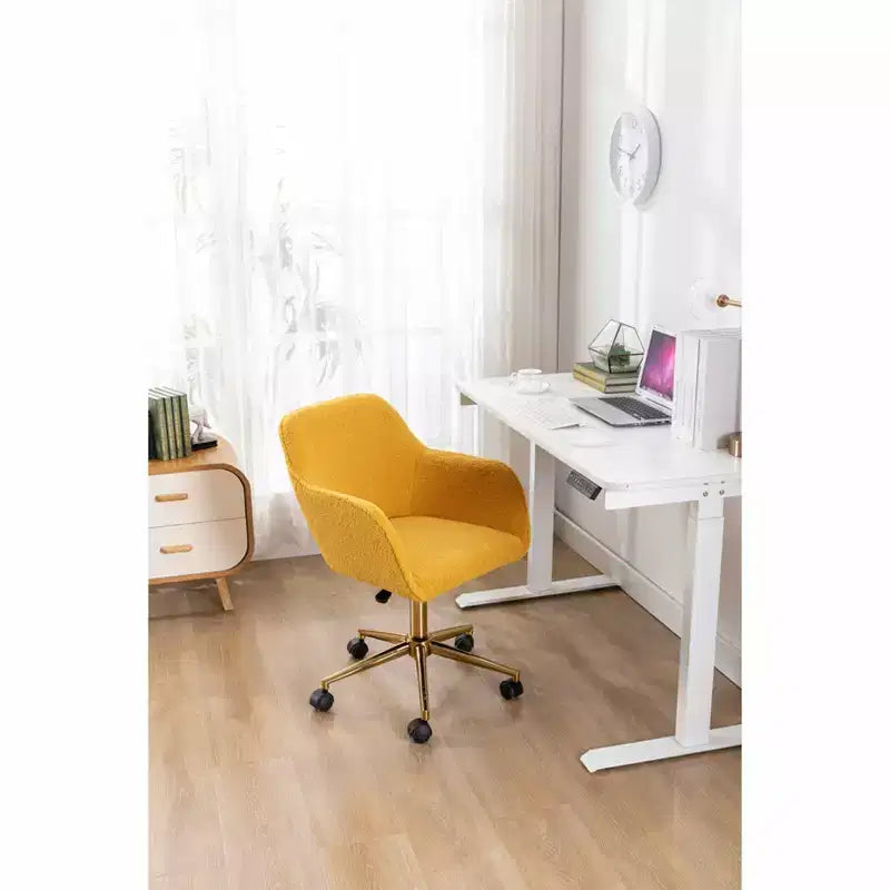 MAYEERTY 360 Revolving Teddy Fabric Home Office Chair, Height Adjustable with Gold Legs & Universal Wheels