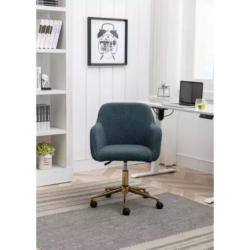 MAYEERTY 360 Revolving Teddy Fabric Home Office Chair, Height Adjustable with Gold Legs & Universal Wheels