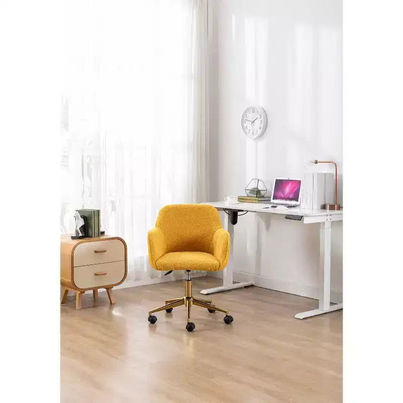 MAYEERTY 360 Revolving Teddy Fabric Home Office Chair, Height Adjustable with Gold Legs & Universal Wheels