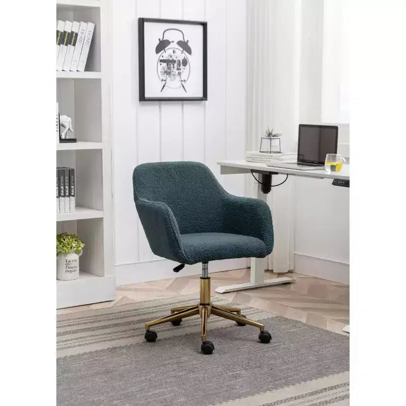 MAYEERTY 360 Revolving Teddy Fabric Home Office Chair, Height Adjustable with Gold Legs & Universal Wheels