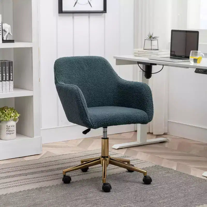 MAYEERTY 360 Revolving Teddy Fabric Home Office Chair, Height Adjustable with Gold Legs & Universal Wheels