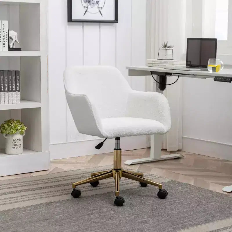 Fauteuil de bureau pivotant à 360° en tissu Teddy MAYEERTY, réglable en hauteur avec pieds dorés et roulettes universelles