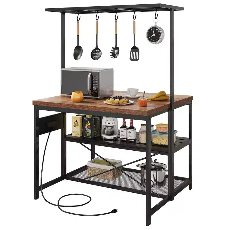COZONY 47 Inch Kitchen Island with Power Outlet, 3-Tier Storage Shelf, Hooks, Baker Rack Microwave Stand