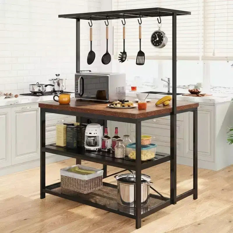 COZONY 47 Inch Kitchen Island with Power Outlet, 3-Tier Storage Shelf, Hooks, Baker Rack Microwave Stand