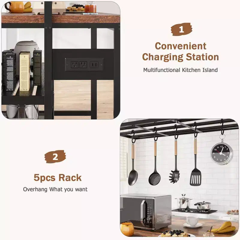 COZONY 47 Inch Kitchen Island with Power Outlet, 3-Tier Storage Shelf, Hooks, Baker Rack Microwave Stand