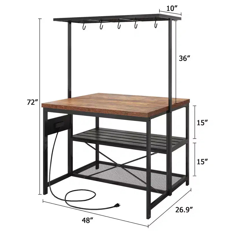 COZONY 47 Inch Kitchen Island with Power Outlet, 3-Tier Storage Shelf, Hooks, Baker Rack Microwave Stand