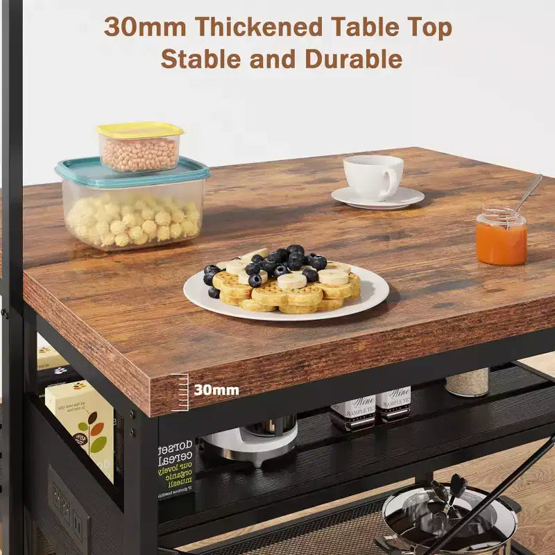 COZONY 47 Inch Kitchen Island with Power Outlet, 3-Tier Storage Shelf, Hooks, Baker Rack Microwave Stand