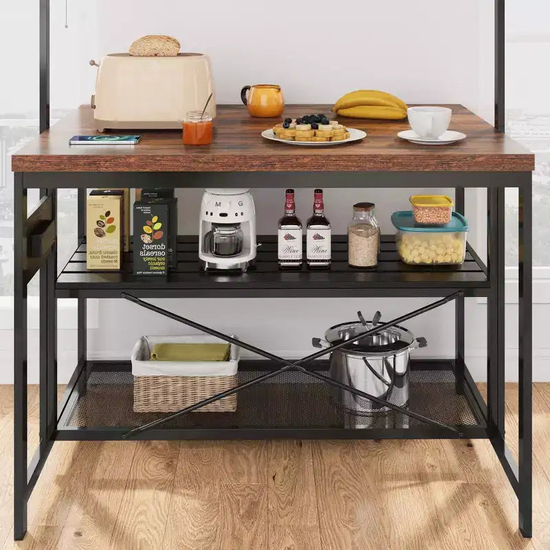 COZONY 47 Inch Kitchen Island with Power Outlet, 3-Tier Storage Shelf, Hooks, Baker Rack Microwave Stand