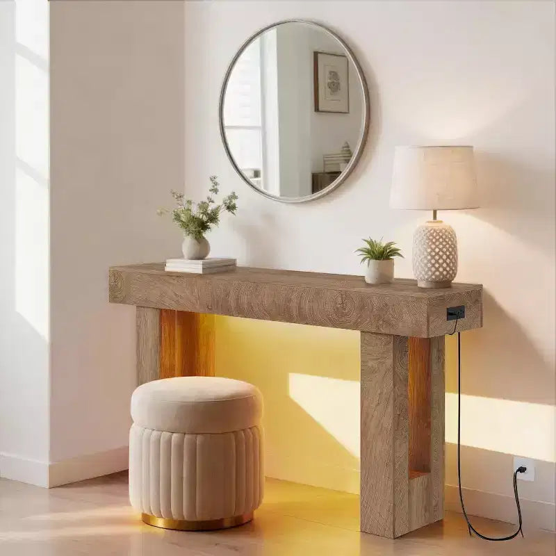 Table console de ferme 63" avec station de charge et lumière LED, table de canapé étroite pour couloir et salon, finition bois naturel