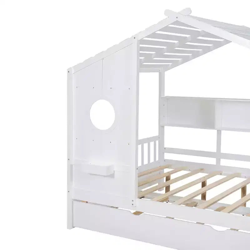 MAYEERTY Full Size House Bed with Trundle Modern Design for Kids with Storage Shelf for Bedroom White