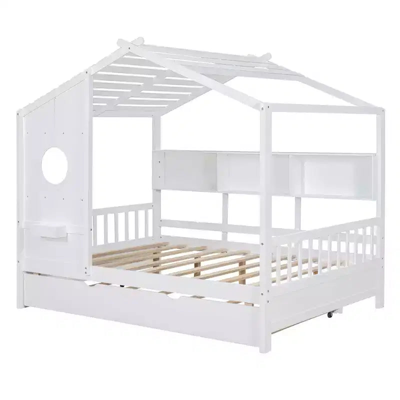 MAYEERTY Full Size House Bed with Trundle Modern Design for Kids with Storage Shelf for Bedroom White