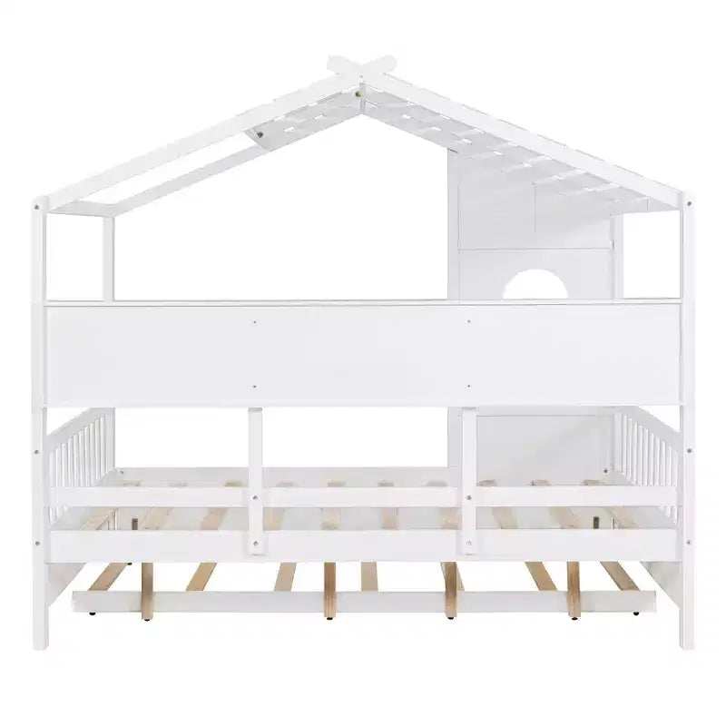 MAYEERTY Full Size House Bed with Trundle Modern Design for Kids with Storage Shelf for Bedroom White