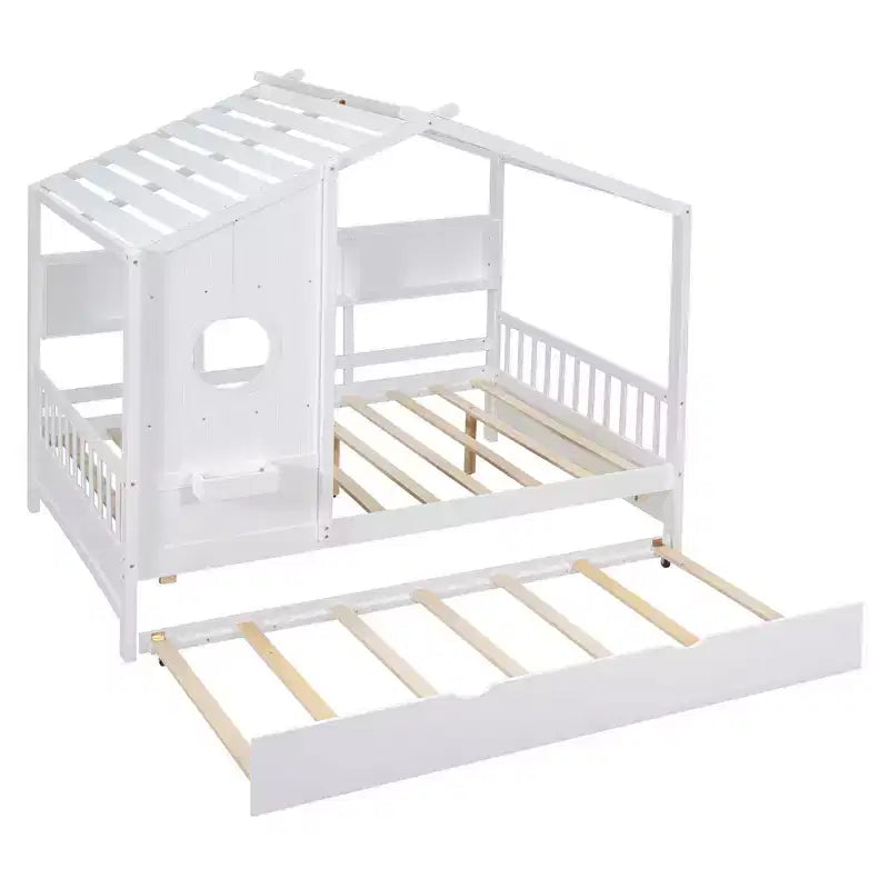 MAYEERTY Full Size House Bed with Trundle Modern Design for Kids with Storage Shelf for Bedroom White