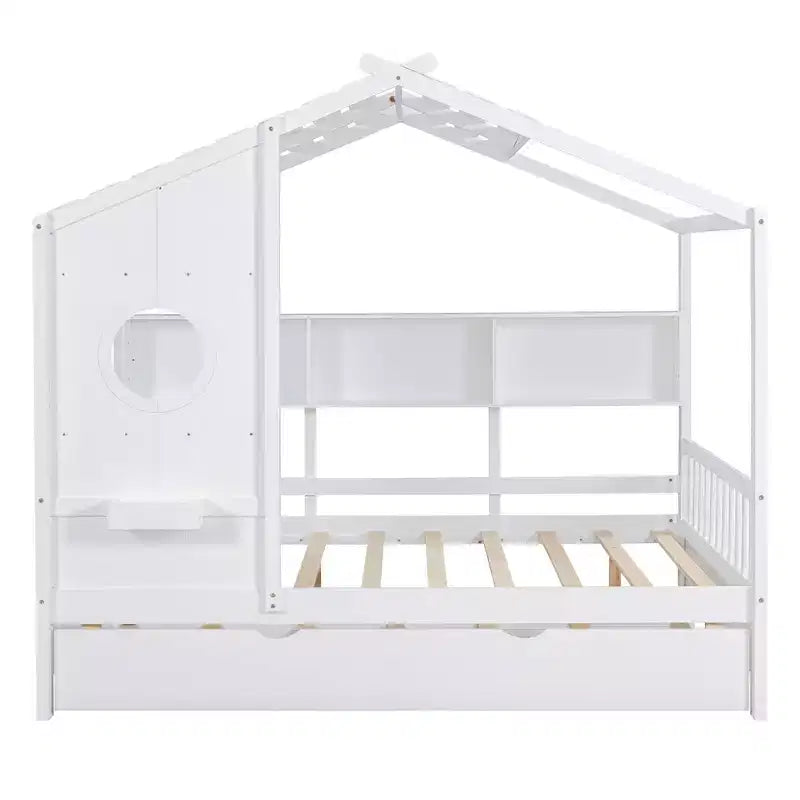 MAYEERTY Full Size House Bed with Trundle Modern Design for Kids with Storage Shelf for Bedroom White