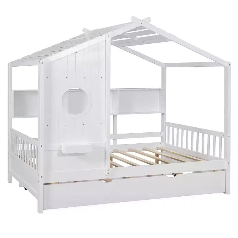 MAYEERTY Full Size House Bed with Trundle Modern Design for Kids with Storage Shelf for Bedroom White