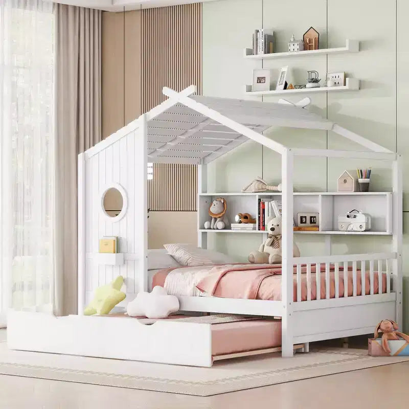 MAYEERTY Full Size House Bed with Trundle Modern Design for Kids with Storage Shelf for Bedroom White