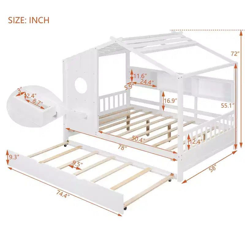 MAYEERTY Full Size House Bed with Trundle Modern Design for Kids with Storage Shelf for Bedroom White