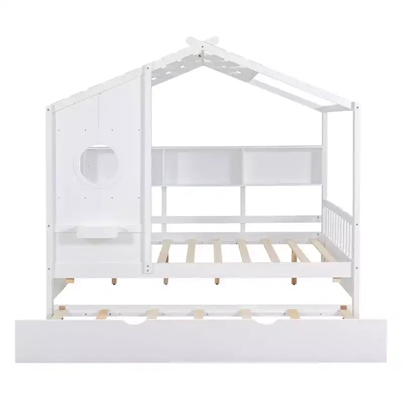MAYEERTY Full Size House Bed with Trundle Modern Design for Kids with Storage Shelf for Bedroom White