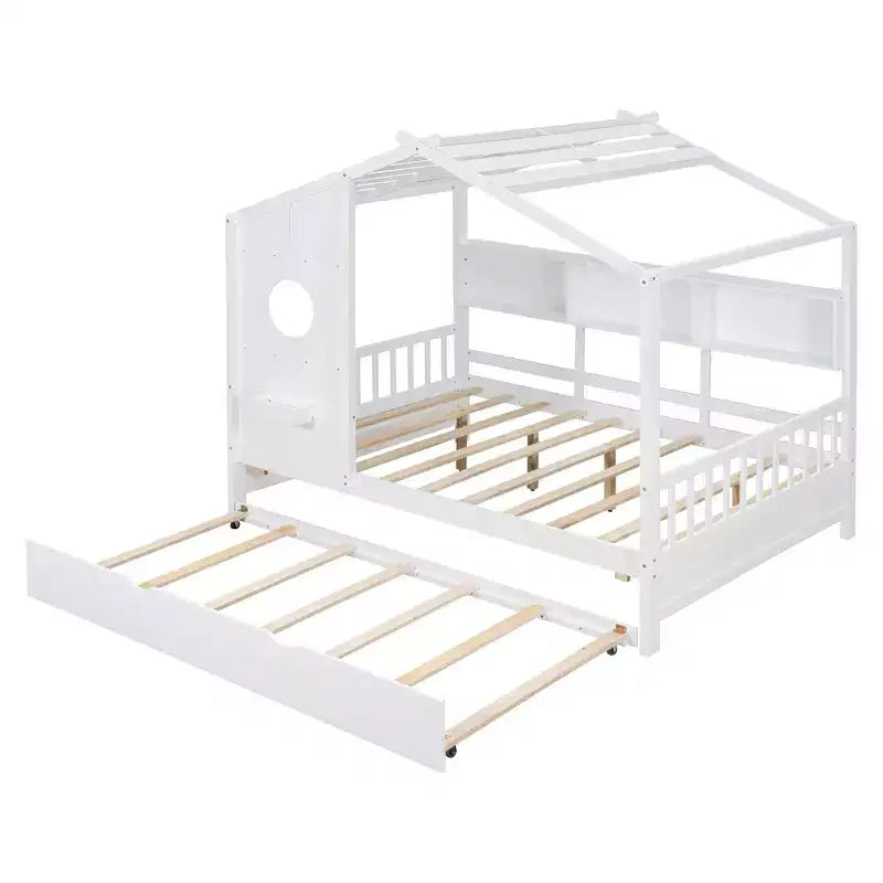 MAYEERTY Full Size House Bed with Trundle Modern Design for Kids with Storage Shelf for Bedroom White