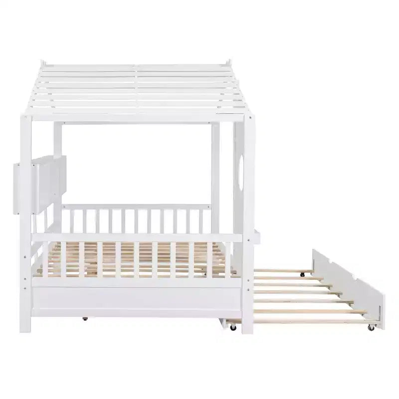 MAYEERTY Full Size House Bed with Trundle Modern Design for Kids with Storage Shelf for Bedroom White