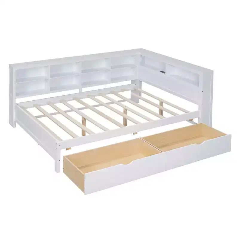 MAYEERTY Wooden Full Size Daybed with 2 Drawers Storage Shelf and Ports for Bedroom White