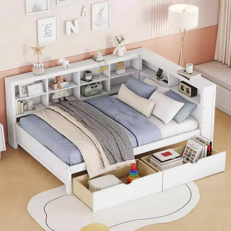 MAYEERTY Wooden Full Size Daybed with 2 Drawers Storage Shelf and Ports for Bedroom White