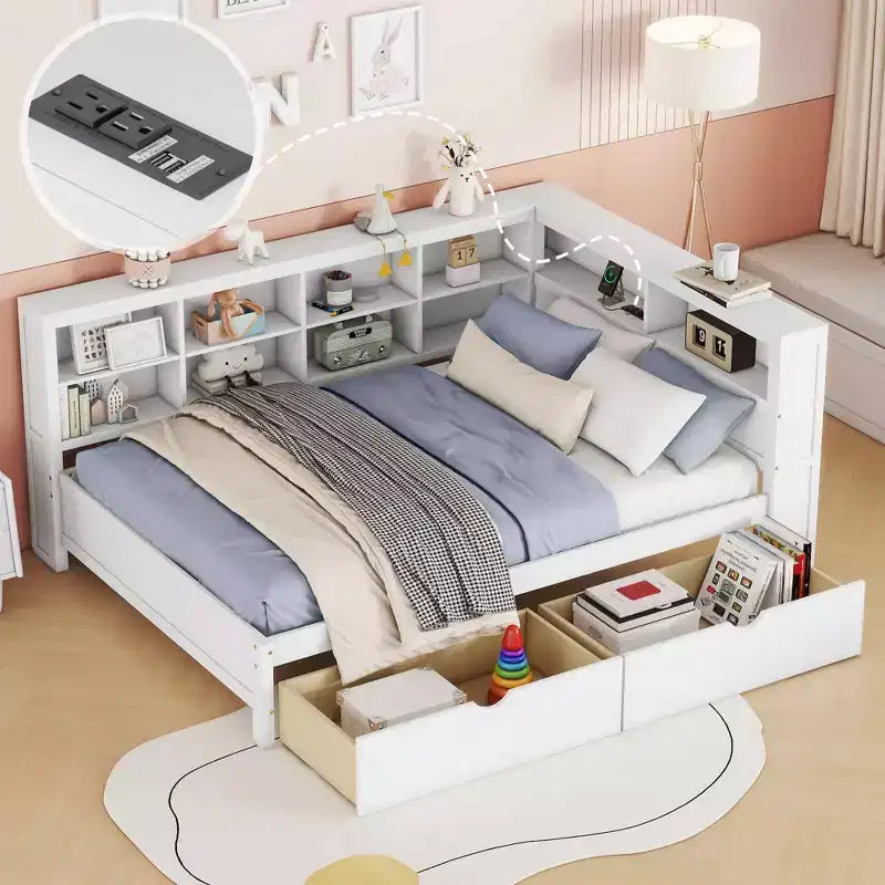 MAYEERTY Wooden Full Size Daybed with 2 Drawers Storage Shelf and Ports for Bedroom White