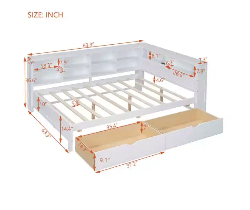MAYEERTY Wooden Full Size Daybed with 2 Drawers Storage Shelf and Ports for Bedroom White