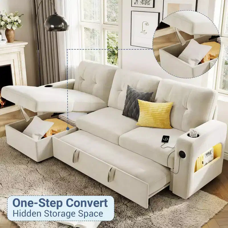 COZONY 84 Sleeper Sofa with Storage, Convertible Sectional Couch Bed with Reversible Chaise, Pull Out Sofa Bed for Living Room Apartment