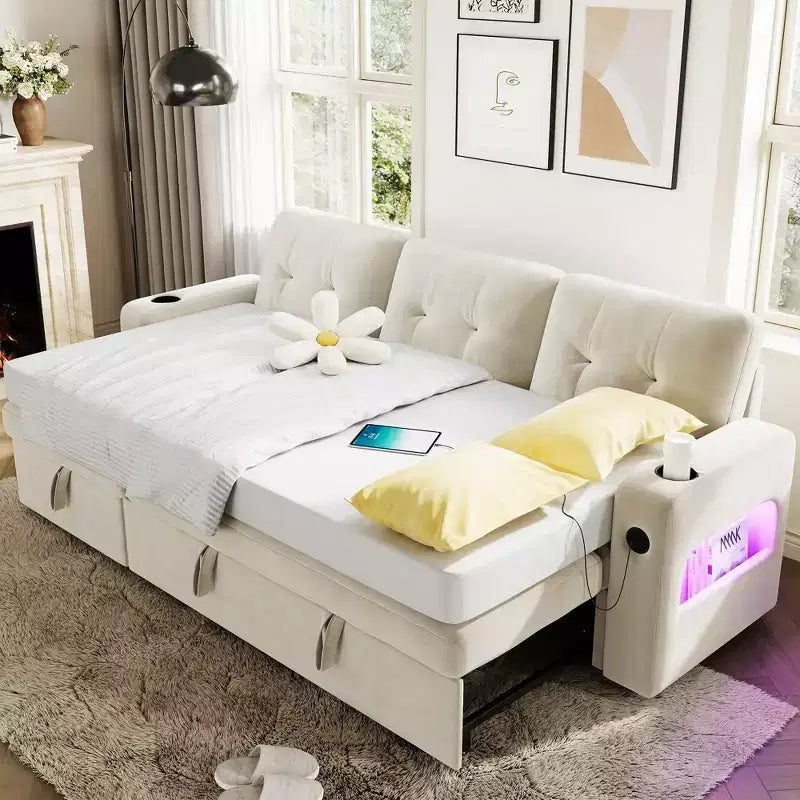 COZONY 84 Sleeper Sofa with Storage, Convertible Sectional Couch Bed with Reversible Chaise, Pull Out Sofa Bed for Living Room Apartment