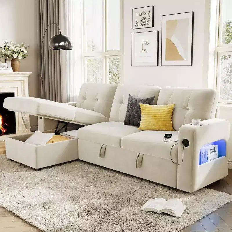 COZONY 84 Sleeper Sofa with Storage, Convertible Sectional Couch Bed with Reversible Chaise, Pull Out Sofa Bed for Living Room Apartment