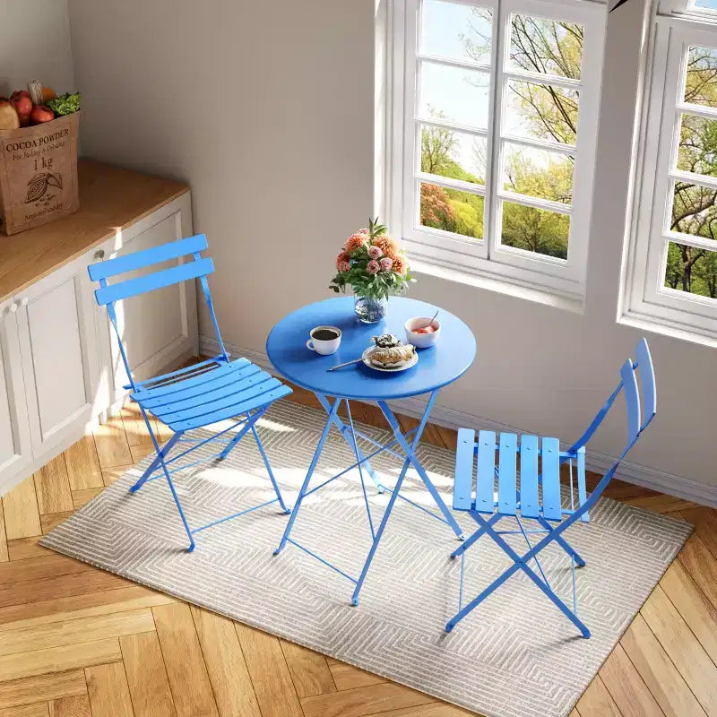 3-Piece Outdoor Bistro Set, Folding Patio Bistro Sets with 1 Table and 2 Chairs, Metal Frame Bistro Table and Chairs Set of 2 for Small Space, Indoor