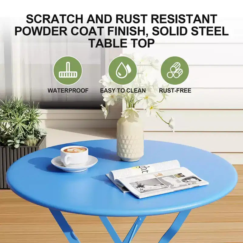 3-Piece Outdoor Bistro Set, Folding Patio Bistro Sets with 1 Table and 2 Chairs, Metal Frame Bistro Table and Chairs Set of 2 for Small Space, Indoor