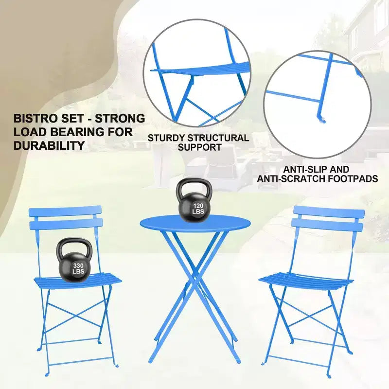 3-Piece Outdoor Bistro Set, Folding Patio Bistro Sets with 1 Table and 2 Chairs, Metal Frame Bistro Table and Chairs Set of 2 for Small Space, Indoor