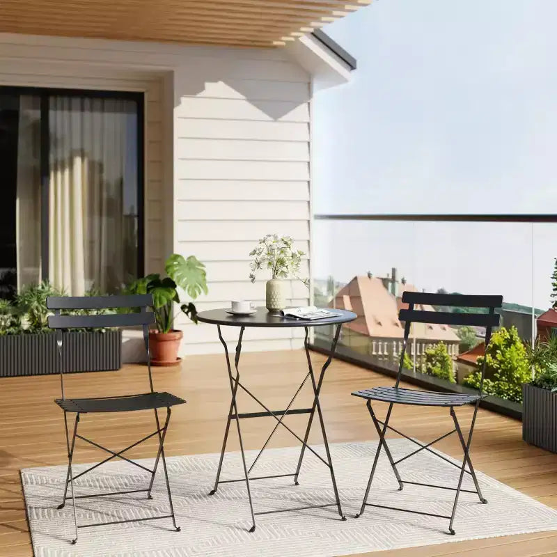 3-Piece Outdoor Bistro Set, Folding Patio Bistro Sets with 1 Table and 2 Chairs, Metal Frame Bistro Table and Chairs Set of 2 for Small Space, Indoor