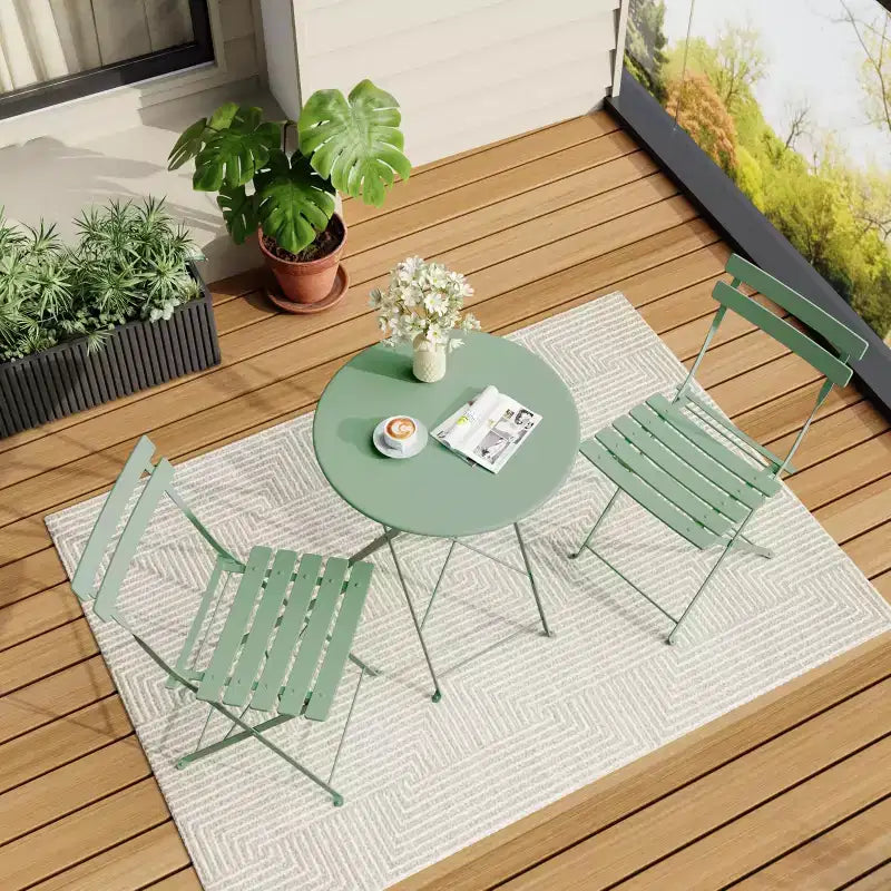3-Piece Outdoor Bistro Set, Folding Patio Bistro Sets with 1 Table and 2 Chairs, Metal Frame Bistro Table and Chairs Set of 2 for Small Space, Indoor
