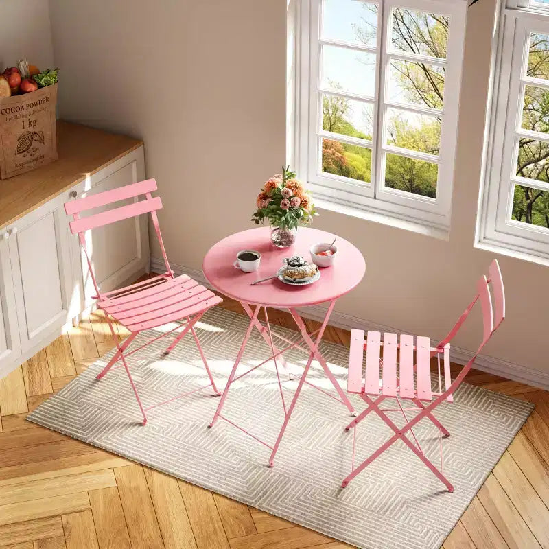 3-Piece Outdoor Bistro Set, Folding Patio Bistro Sets with 1 Table and 2 Chairs, Metal Frame Bistro Table and Chairs Set of 2 for Small Space, Indoor