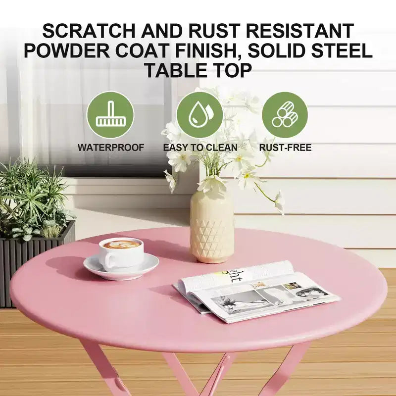 3-Piece Outdoor Bistro Set, Folding Patio Bistro Sets with 1 Table and 2 Chairs, Metal Frame Bistro Table and Chairs Set of 2 for Small Space, Indoor