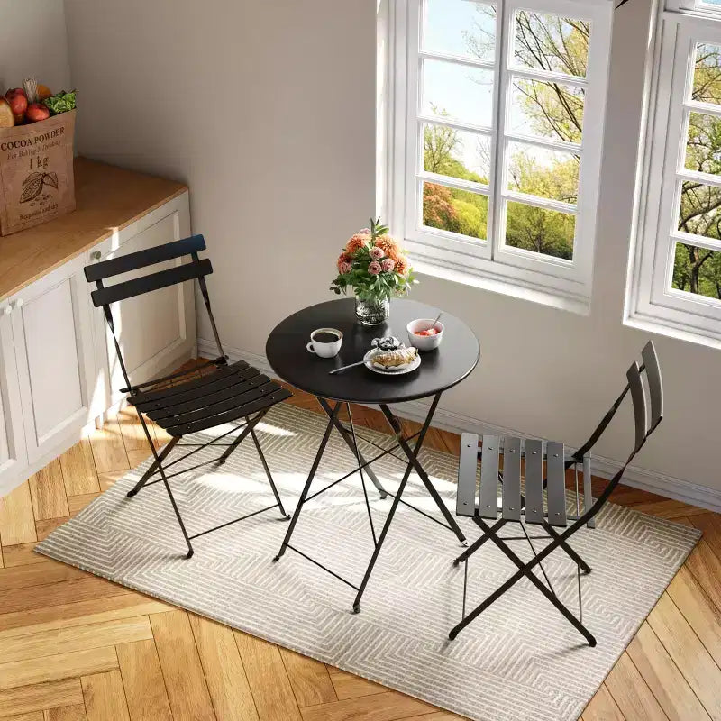 3-Piece Outdoor Bistro Set, Folding Patio Bistro Sets with 1 Table and 2 Chairs, Metal Frame Bistro Table and Chairs Set of 2 for Small Space, Indoor